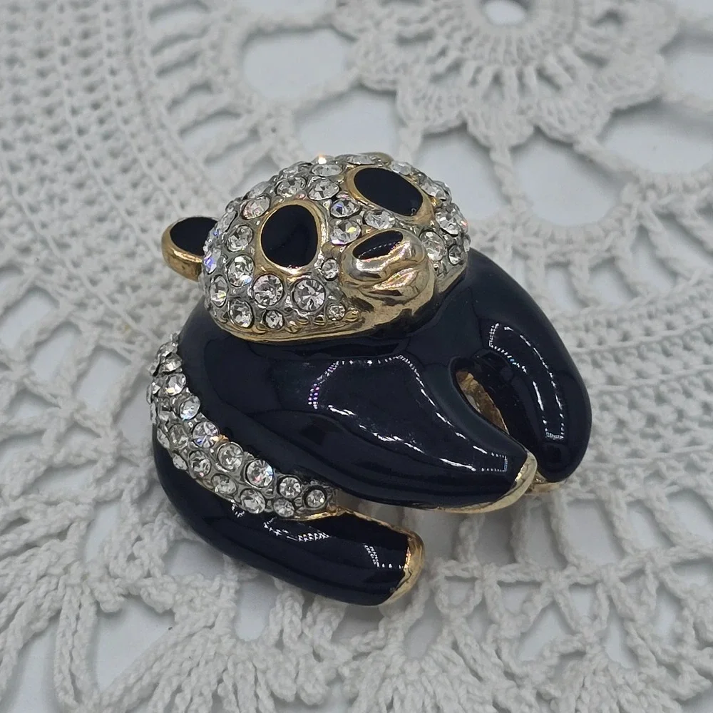 Vintage Attwood & Sawyer A&S Enamel Crystal Rhinestone Panda Bear Brooch Pin